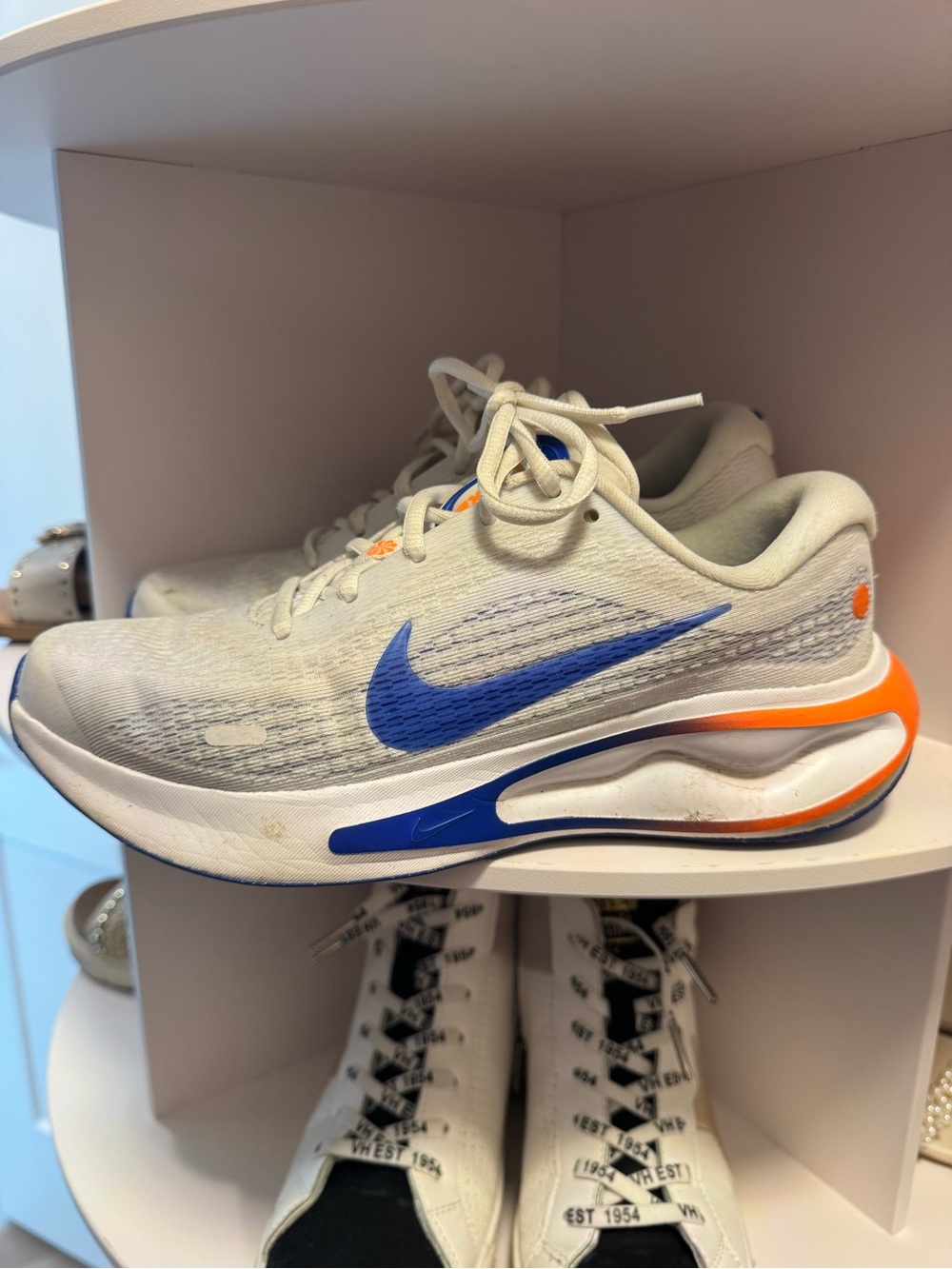 Nike White Sneakers with Blue Swoosh and Orange Heel - Picture 1 of 6